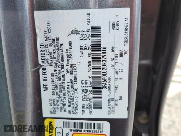 2013 Ford Fusion SE Hybrid with VIN 3FA6P0LU2DR329816, listed as a Copart auction lot 64308255 with 217,157 mi miles and Salvage title. Bid and sale history available at DreamBid. Image 13.