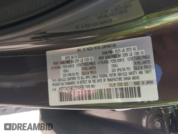 2019 Mazda CX-9 Touring with VIN JM3TCACY9K0304899, listed as a IAAI auction lot 42167180 with 57,043 mi miles and . Bid and sale history available at DreamBid. Image 9.
