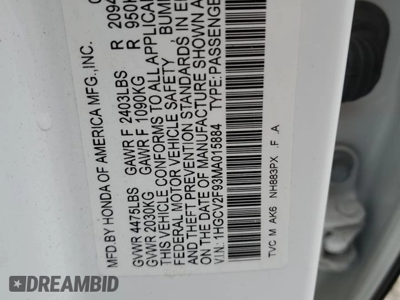 2021 Honda Accord Touring with VIN 1HGCV2F93MA015884, listed as a Copart auction lot 52591885 with Not provided miles and Non repairable. Bid and sale history available at DreamBid. Image 14.