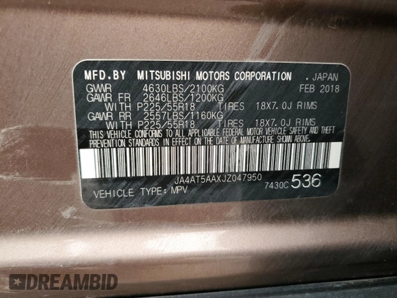 2018 Mitsubishi Eclipse Cross SE with VIN JA4AT5AAXJZ047950, listed as a Copart auction lot 56974775 with 83,060 mi miles and Salvage title. Bid and sale history available at DreamBid. Image 13.