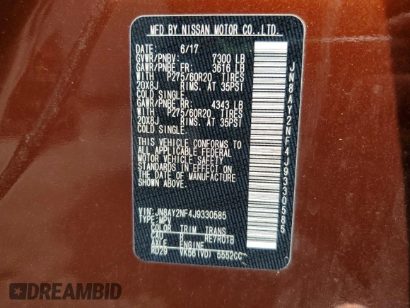 2018 Nissan Armada Platinum with VIN JN8AY2NF4J9330585, listed as a Copart auction lot 50586105 with 64,496 mi miles and Salvage Title. Bid and sale history available at carsss.com. Image 13.