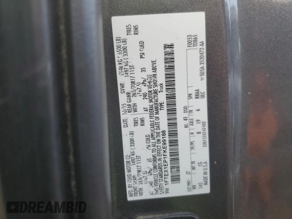 2015 Ford F-150 XLT with VIN 1FTEX1EP1FKE99188, listed as a Copart auction lot 54117115 with 201,077 mi miles and Salvage title. Bid and sale history available at DreamBid. Image 12.