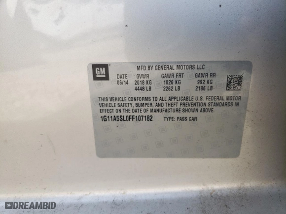 2015 Chevrolet Malibu LS with VIN 1G11A5SL0FF107182, listed as a Copart auction lot 46807065 with 157,365 mi miles and Salvage Title. Bid and sale history available at carsss.com. Image 12.