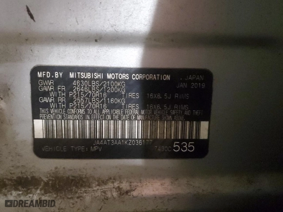 2019 Mitsubishi Eclipse Cross ES with VIN JA4AT3AA1KZ036177, listed as a Copart auction lot 44150185 with 81,358 mi miles and Salvage Title. Bid and sale history available at carsss.com. Image 14.