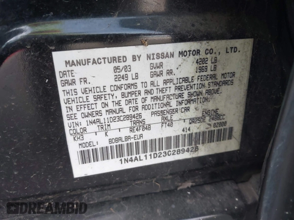 2003 Nissan Altima S with VIN 1N4AL11D23C289426, listed as a IAAI auction lot 42645759 with 216,835 mi miles and . Bid and sale history available at DreamBid. Image 9.