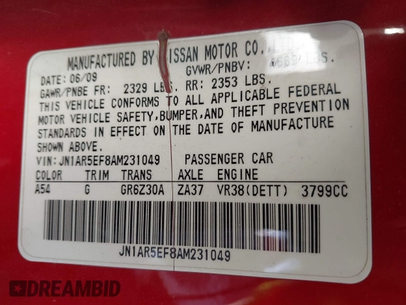 2010 Nissan GT-R Premium z VIN JN1AR5EF8AM231049, wystawiony jako IAAI lot #41834675 z przebiegiem Nie podano mil oraz . Historia ofert i sprzedaży dostępna na DreamBid. Obrazek 9.