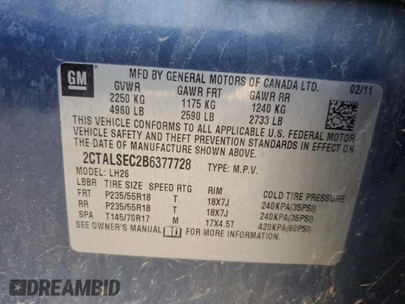 2011 GMC Terrain SLE-2 with VIN 2CTALSEC2B6377728, listed as a Copart auction lot 65539395 with 191,802 mi miles and Clean title. Bid and sale history available at DreamBid. Image 13.