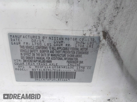 2019 Nissan Versa SV z VIN 3N1CN7AP1KL851669, wystawiony jako IAAI lot #40846171 z przebiegiem 144 652 mil mil oraz . Historia ofert i sprzedaży dostępna na DreamBid. Obrazek 9.