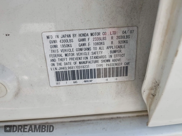 2007 Acura TSX with VIN JH4CL96817C018231, listed as a IAAI auction lot 42575936 with Not provided miles and . Bid and sale history available at DreamBid. Image 9.