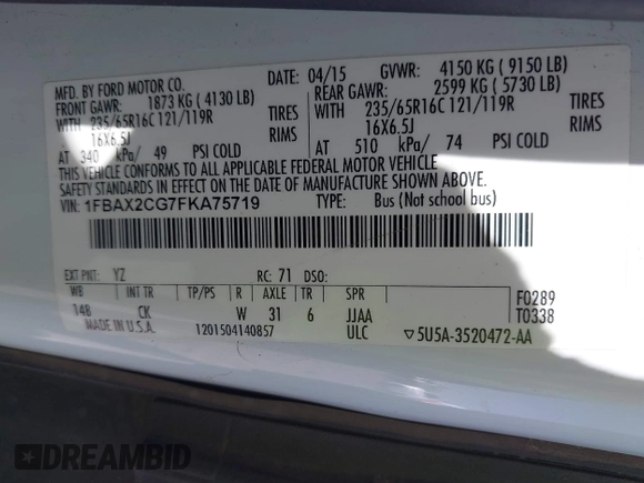 2015 Ford Transit Passenger XL z VIN 1FBAX2CG7FKA75719, wystawiony jako IAAI lot #42135118 z przebiegiem Nie podano mil oraz . Historia ofert i sprzedaży dostępna na DreamBid. Obrazek 9.