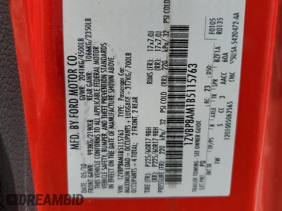 2011 Ford Mustang V6 z VIN 1ZVBP8AM1B5115763, wystawiony jako Copart lot #60363705 z przebiegiem 165 224 mil mil oraz Szkoda całkowita • Salvage title. Historia ofert i sprzedaży dostępna na DreamBid. Obrazek 12.