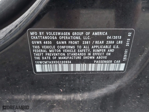 2013 Volkswagen Passat SEL Premium with VIN 1VWCM7A3XDC132834, listed as a IAAI auction lot 40931506 with 146,283 mi miles. Bid and sale history available at carsss.com. Image 9.