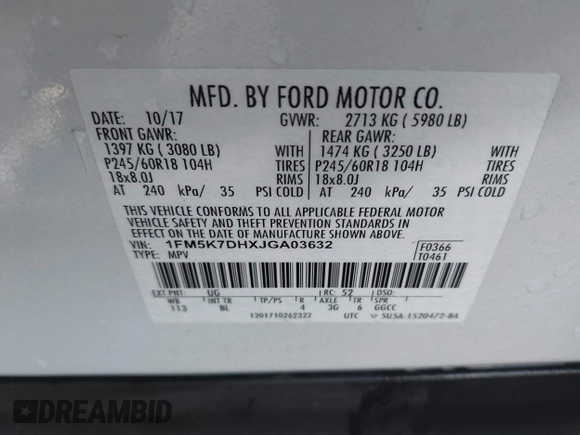 2018 Ford Explorer XLT with VIN 1FM5K7DHXJGA03632, listed as a IAAI auction lot 41748969 with 120,243 mi miles and . Bid and sale history available at DreamBid. Image 9.