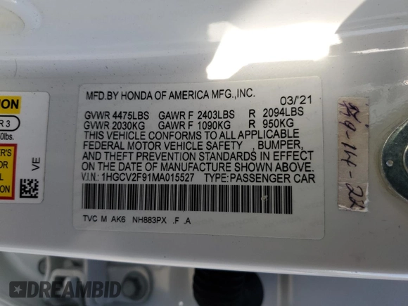 2021 Honda Accord Touring z VIN 1HGCV2F91MA015527, wystawiony jako Copart lot #53843735 z przebiegiem 49 602 mil mil oraz Szkoda całkowita • Salvage title. Historia ofert i sprzedaży dostępna na DreamBid. Obrazek 12.