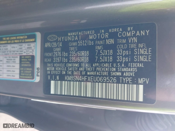 2014 Hyundai Santa Fe Limited with VIN KM8SN4HFXEU069526, listed as a IAAI auction lot 40768034 with 186,650 mi miles. Bid and sale history available at carsss.com. Image 9.