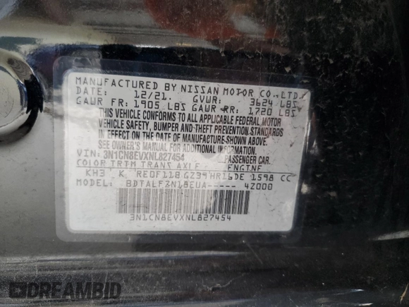 2022 Nissan Versa SV z VIN 3N1CN8EVXNL827454, wystawiony jako Copart lot #59693745 z przebiegiem 50 467 mil mil oraz Nie do naprawy • Non repairable. Historia ofert i sprzedaży dostępna na DreamBid. Obrazek 13.
