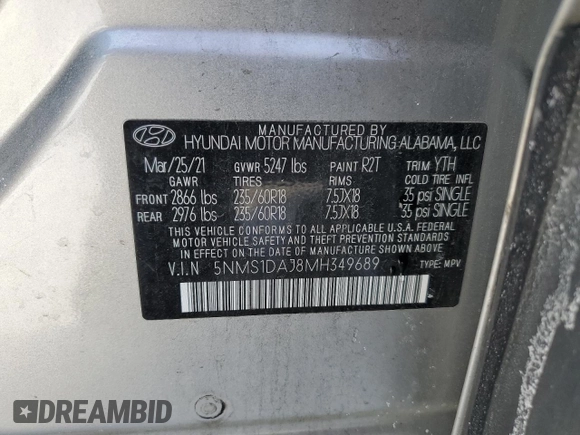 2021 Hyundai Santa Fe SE with VIN 5NMS1DAJ8MH349689, listed as a Copart auction lot 42316995 with 184,253 mi miles and Salvage Title. Bid and sale history available at carsss.com. Image 13.