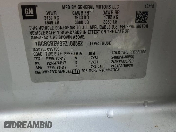 2015 Chevrolet Silverado 1500 LT with VIN 1GCRCREH9FZ180892, listed as a Copart auction lot 47657095 with 164,936 mi miles and Salvage Title. Bid and sale history available at carsss.com. Image 12.