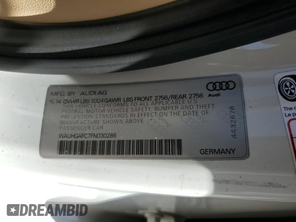 2015 Audi A6 Prestige with VIN WAUHGAFC7FN030286, listed as a Copart auction lot 71237874 with 74,334 mi miles and Salvage title. Bid and sale history available at DreamBid. Image 12.