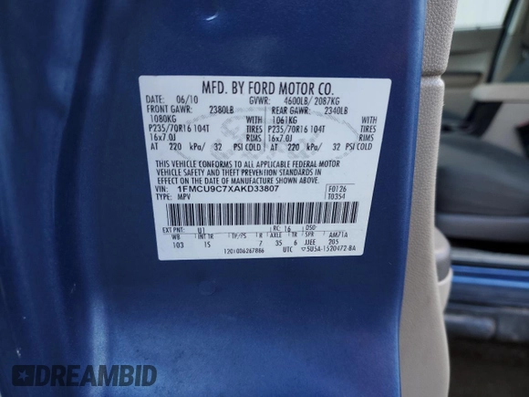 2010 Ford Escape XLS with VIN 1FMCU9C7XAKD33807, listed as a Copart auction lot 45134905 with 190,936 mi miles and Salvage title. Bid and sale history available at DreamBid. Image 13.