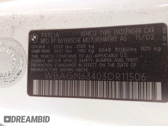 2003 BMW 7 Series 745Li with VIN WBAGN63403DR11506, listed as a IAAI auction lot 41350546 with 193,766 mi miles and . Bid and sale history available at DreamBid. Image 9.
