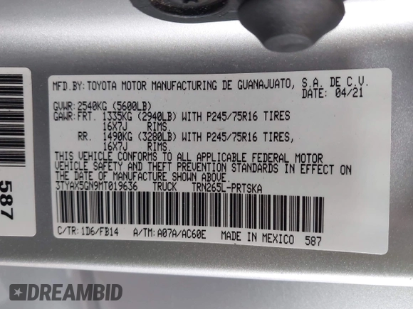 2021 Toyota Tacoma SR with VIN 3TYAX5GN9MT019636, listed as a IAAI auction lot 42497197 with 48,041 mi miles and . Bid and sale history available at DreamBid. Image 9.