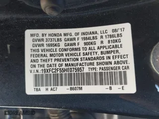 2017 Honda Civic Sedan LX with VIN 19XFC2F55HE075957, listed as a IAAI auction lot 41713041 with 61,538 mi miles. Bid and sale history available at carsss.com. Image 9.