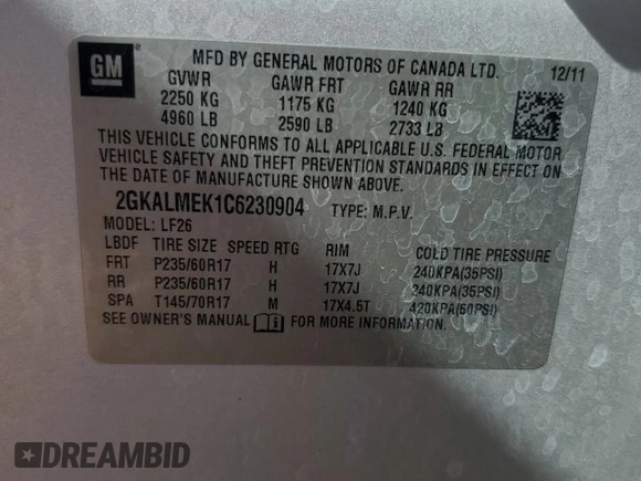 2012 GMC Terrain SLE-1 z VIN 2GKALMEK1C6230904, wystawiony jako Copart lot #56646895 z przebiegiem 123 118 mil mil oraz Szkoda całkowita • Salvage title. Historia ofert i sprzedaży dostępna na DreamBid. Obrazek 13.
