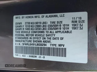 2020 Honda Odyssey Elite with VIN 5FNRL6H91LB030294, listed as a IAAI auction lot 41608291 with 74,477 mi miles and . Bid and sale history available at DreamBid. Image 9.