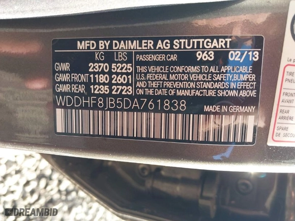 2013 Mercedes-Benz E-Class E 350 Luxury with VIN WDDHF8JB5DA761838, listed as a IAAI auction lot 41378582 with 1 mi miles. Bid and sale history available at carsss.com. Image 9.