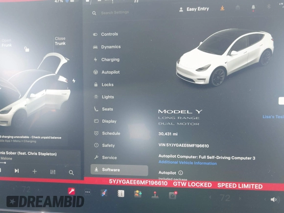 2021 Tesla Model Y Long Range with VIN 5YJYGAEE6MF196610, listed as a IAAI auction lot 41516909 with 30,431 mi miles. Bid and sale history available at carsss.com. Image 7.