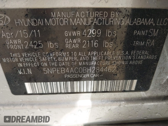 2011 Hyundai Sonata GLS with VIN 5NPEB4AC0BH284462, listed as a IAAI auction lot 42066792 with 145,150 mi miles and . Bid and sale history available at DreamBid. Image 9.