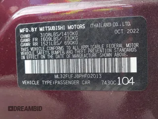2023 Mitsubishi Mirage G4 ES with VIN ML32FUFJ8PHF02013, listed as a IAAI auction lot 41710732 with 21,919 mi miles. Bid and sale history available at carsss.com. Image 9.