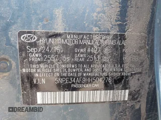 2017 Hyundai Sonata Sport with VIN 5NPE34AF9HH504276, listed as a IAAI auction lot 42222535 with 127,362 mi miles and . Bid and sale history available at DreamBid. Image 9.