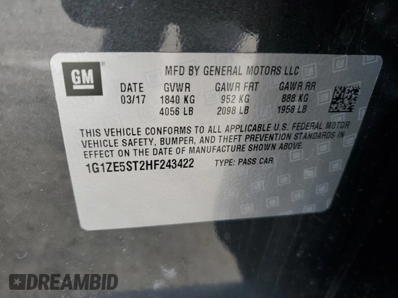 2017 Chevrolet Malibu LT with VIN 1G1ZE5ST2HF243422, listed as a Copart auction lot 46588215 with 43,923 mi miles and Salvage Title. Bid and sale history available at DreamBid. Image 13.