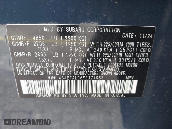 2025 Subaru Outback Onyx with VIN 4S4BTALC6S3177063, listed as a IAAI auction lot 42425905 with 6,541 mi miles and . Bid and sale history available at DreamBid. Image 9.