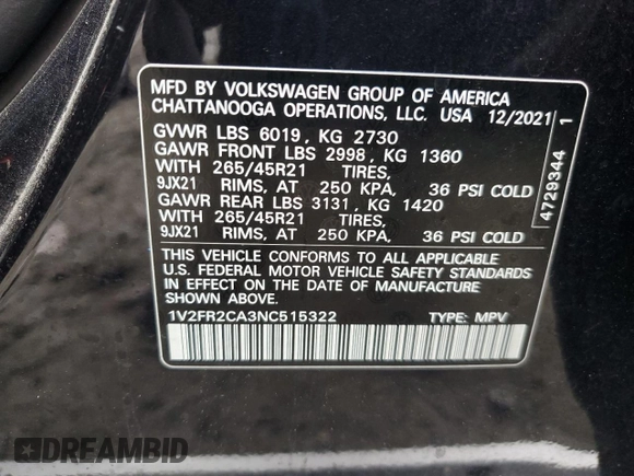 2022 Volkswagen Atlas SEL Premium R-Line with VIN 1V2FR2CA3NC515322, listed as a Copart auction lot 53089235 with 36,581 mi miles and Salvage title. Bid and sale history available at DreamBid. Image 12.