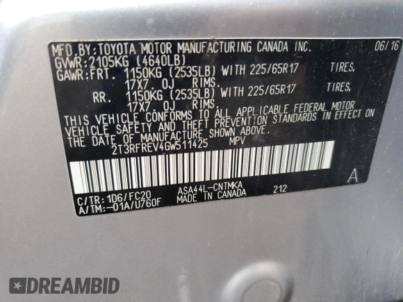 2016 Toyota RAV4 XLE with VIN 2T3RFREV4GW511425, listed as a Copart auction lot 63194645 with 89,276 mi miles and Salvage title. Bid and sale history available at DreamBid. Image 14.