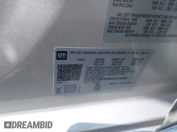 2021 Chevrolet Silverado 1500 LTZ with VIN 3GCUYGED6MG474356, listed as a IAAI auction lot 42102044 with 20,474 mi miles and . Bid and sale history available at DreamBid. Image 9.