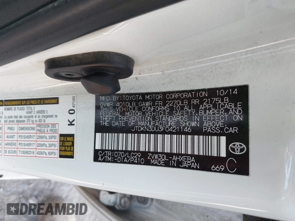 2015 Toyota Prius Four with VIN JTDKN3DU3F0421146, listed as a IAAI auction lot 41688145 with 122,750 mi miles. Bid and sale history available at carsss.com. Image 9.