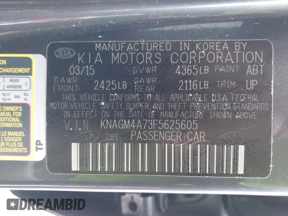 2015 Kia Optima LX with VIN KNAGM4A73F5625605, listed as a IAAI auction lot 41924411 with 104,153 mi miles. Bid and sale history available at carsss.com. Image 9.