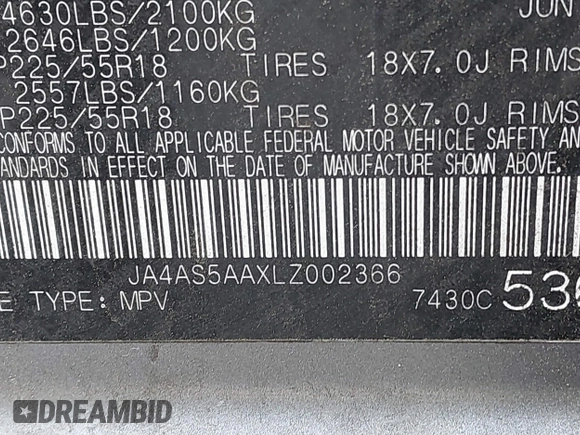 2020 Mitsubishi Eclipse Cross SE with VIN JA4AS5AAXLZ002366, listed as a IAAI auction lot 42027015 with Not provided miles and . Bid and sale history available at DreamBid. Image 9.