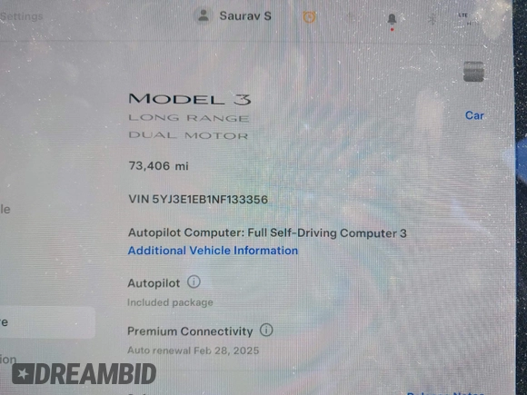 2022 Tesla Model 3 Long Range with VIN 5YJ3E1EB1NF133356, listed as a IAAI auction lot 41568303 with 73,406 mi miles and . Bid and sale history available at DreamBid. Image 7.