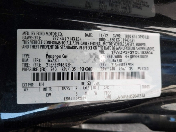 2013 Ford Focus SE with VIN 1FADP3F27DL183804, listed as a IAAI auction lot 40899670 with 66,352 mi miles. Bid and sale history available at carsss.com. Image 9.