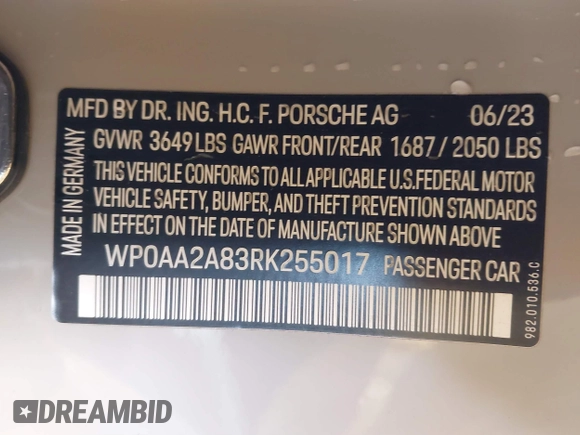 2024 Porsche 718 Cayman with VIN WP0AA2A83RK255017, listed as a IAAI auction lot 41745890 with 15,429 mi miles and . Bid and sale history available at DreamBid. Image 9.