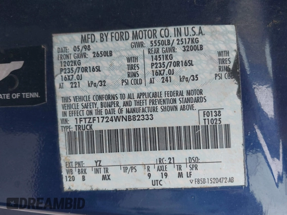 1998 Ford F-150 with VIN 1FTZF1724WNB82333, listed as a IAAI auction lot 42360914 with 262,775 mi miles and . Bid and sale history available at DreamBid. Image 9.