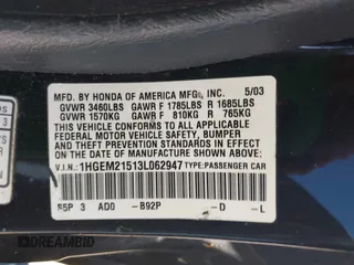 2003 Honda Civic LX with VIN 1HGEM21513L062947, listed as a IAAI auction lot 42208347 with 263,078 mi miles and . Bid and sale history available at DreamBid. Image 9.