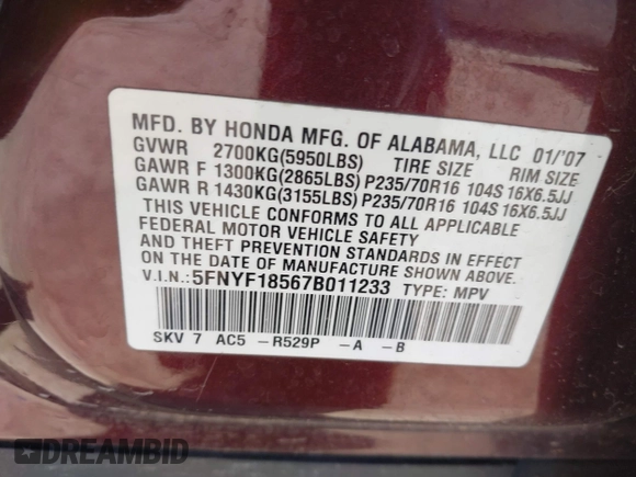 2007 Honda Pilot EX-L z VIN 5FNYF18567B011233, wystawiony jako IAAI lot #42325222 z przebiegiem 195 581 mil mil oraz . Historia ofert i sprzedaży dostępna na DreamBid. Obrazek 9.