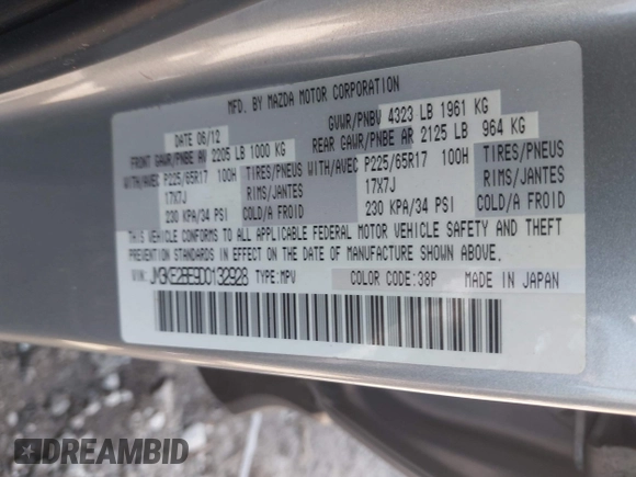 2013 Mazda CX-5 Sport z VIN JM3KE2BE9D0132928, wystawiony jako IAAI lot #41997589 z przebiegiem Nie podano mil oraz . Historia ofert i sprzedaży dostępna na DreamBid. Obrazek 9.