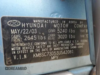 2003 Hyundai Santa Fe GLS with VIN KM8SC73D53U542081, listed as a Copart auction lot 62995765 with 154,187 mi miles and Salvage title. Bid and sale history available at DreamBid. Image 14.